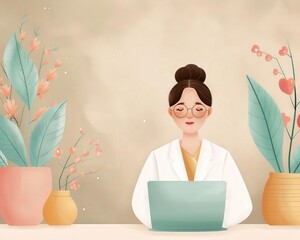Female doctor writing laptop