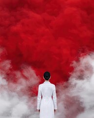 Person in a white coat standing in front of a dramatic red and white smoke cloud backdrop, creating a surreal and intriguing visual scene.