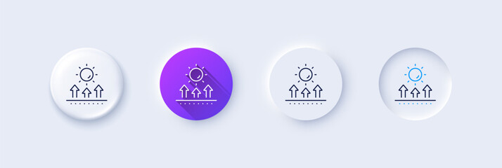 Sun protection line icon. Neumorphic, Purple gradient, 3d pin buttons. Uv protect sign. Sunscreen effect symbol. Line icons. Neumorphic buttons with outline signs. Vector