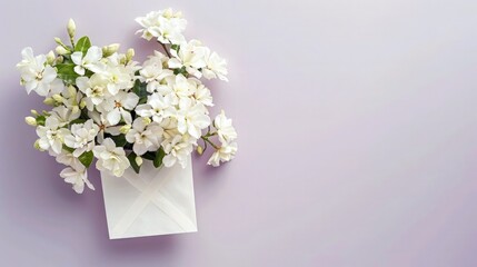 White jasmine flowers in a white envelope, viewed from the top against a pastel purple background, creating an elegant and serene look.
