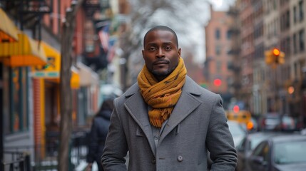 Fototapeta premium Man in a Grey Coat and Yellow Scarf Walking on a City Street