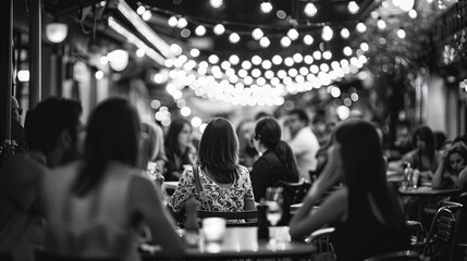 Blurred background of an evening restaurant with people in the foreground, monochrome black and white, blurred background, bokeh effect


