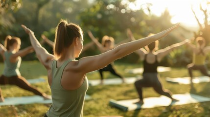 Fitness enthusiasts doing a group yoga session in a park, with matching outfits and synchronized poses, ideal for a shareable and viral activity post