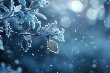 A dynamic sensorial season scene featuring winter elements like snowflakes and frosted branches, ideal for a holidaythemed advertisement