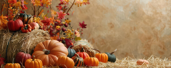 An autumninspired sensorial season background with pumpkins, hay bales, and rich fall colors, perfect for harvestthemed advertisements