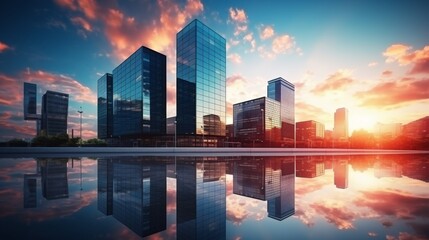 Modern office building or business center. High-rise window buildings made of glass reflect the clouds and the sunlight. empty street outside  wall modernity civilization. growing up business