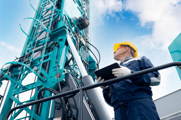 Industry operator use computer tablet for control rig platform for drilling wells for installing...