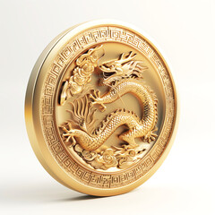 Ancient Chinese gold coins, dragon, round on the outside and square on the inside, clipping path , 3d render