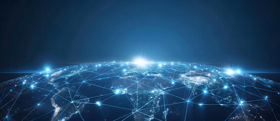 Blue digital network overlaying a dark background, representing abstract global connectivity and technology application