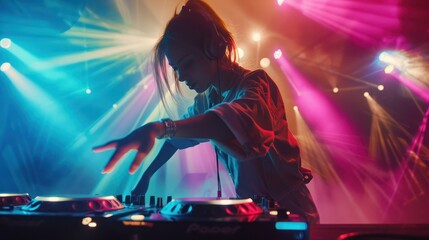 DJ plays disco music on turntable at night club scene. Partying joyful crowd moves in hip-hop rhythm of funky dance. Trendy girl in bright spot light of multi-color neon. Female dj at festival stage. 