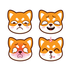 Obraz premium Kawaii Shiba Inu dog faces with various expressions. Cute cartoon emoji set