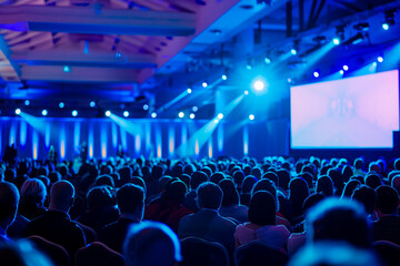 Stylish business event, panel discussion on stage with audience in foreground, dark and blue and dark blue background