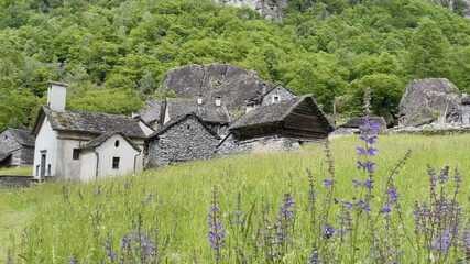 Panoramic view of traditional stone village Sabbione in Val Bavona, Vallemaggia, Switzerland. High quality 4k footage