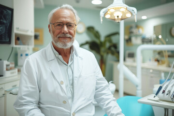 Obraz premium Portrait of male dentist wearing a white coat posing in modern dental office