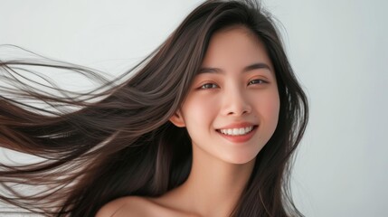 Young Asian woman long hair with clean fresh skin on white background