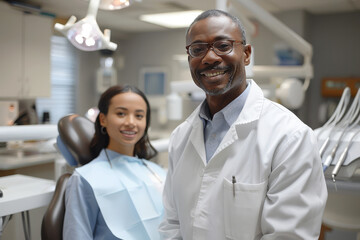 Obraz premium Cheerful African-American dentist stands next to a female patient in a dental chair in modern well-equipped office