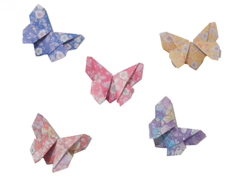 Five different origami butterflies made from colorful floral patterned paper. Folded paper animals figures. - Powered by Adobe
