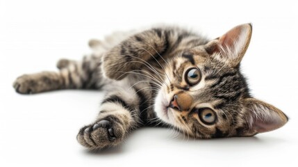 Grey striped cat lies on its side and looks into the camera isolated on white background
