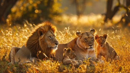 Basking in the golden sunlight, a lion and lioness share a peaceful moment as their two cubs play nearby. The parents' regal forms exude strength and tranquility, while the cubs' playful energy