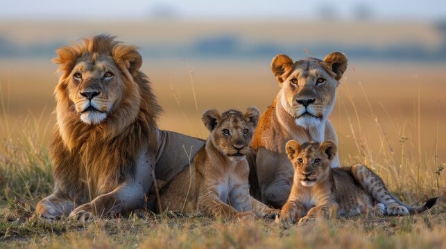 Under the expansive sky of the African savanna, a lion and lioness lounge in the sun, keeping a watchful eye on their two cubs. The cubs' playful antics bring a sense of joy and movement to the - Powered by Adobe
