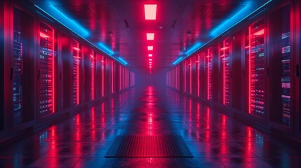 High-Tech Server Room with Red and Blue Lighting - Generative AI