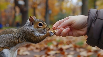 Petting a Squirrel: Hands feeding and petting a tame squirrel in a park, with the squirrel taking food from the hand.

