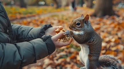 Petting a Squirrel: Hands feeding and petting a tame squirrel in a park, with the squirrel taking food from the hand.
