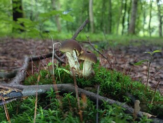 Two young anglers in the green moss among the branches and leaves on the background of the forest. Beautiful young edible mushrooms in the summer forest. Resting and gathering edible mushrooms in the 