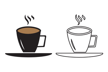 Hot coffee Mug icon set. hot tea vector symbol. cafe espresso morning drink sign in black filled and outlined style