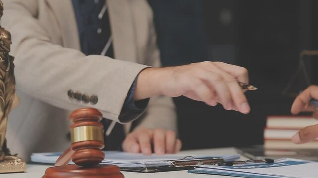 Judge gavel with Justice lawyers having team meeting at law firm background. Concepts of Law and Legal services.