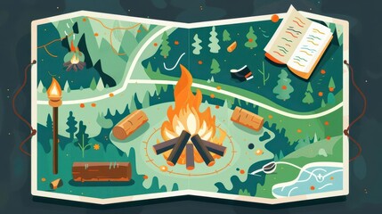 Campfire map, adventurous trip, flat design illustration