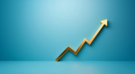 Solid gold upward arrow on a blue background symbolizing growth and success