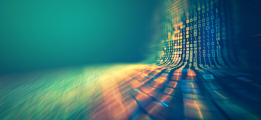 Flowing stream of binary code in green and yellow hues, representing data transfer and technology