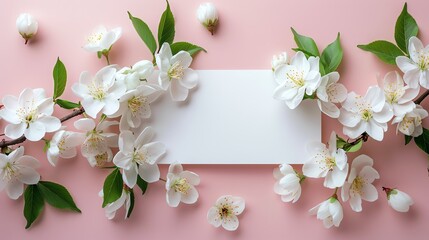 Obraz premium A delicate white floral arrangement over a pink background with a blank card, ideal for gentle expressions