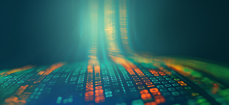 Curved pathway of binary code in green, orange, and blue hues, indicating data flow and technology