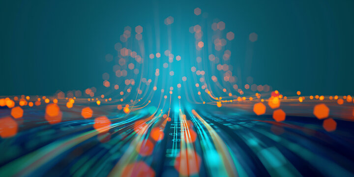 Blurred flow of multicolored binary code with glowing dots on a dark background, indicating data transfer and technology
