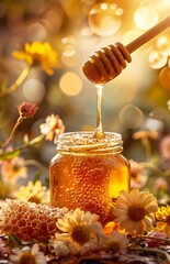 A jar of honey, its golden color and delicate texture surrounded by fresh flowers