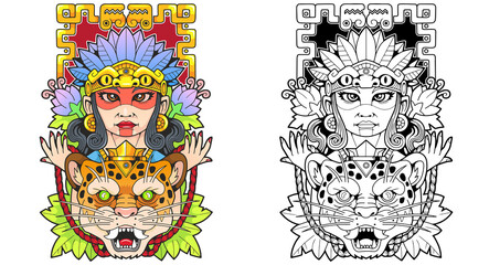 Mythological Mayan girl with jaguar, design illustration