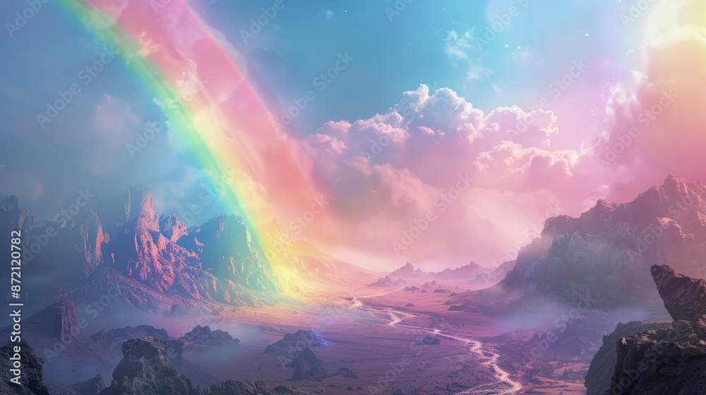 Wall mural A rainbow is seen in the sky above a rocky landscape