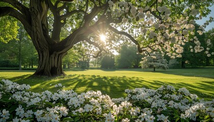 Obraz premium Large tree covered in white flowers in a picturesque park