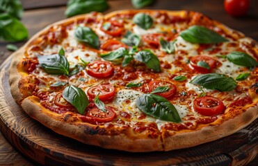 Tasty pizza with fresh mozzarella, rich tomato sauce, and fragrant basil on a rustic wooden table