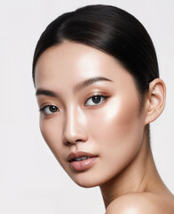Fototapeta premium A profile portrait of a young Asian woman with impeccable K-beauty makeup