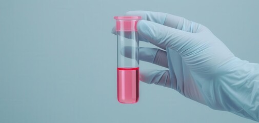 Gloved hand holding a test tube with pink liquid