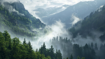 A beautiful mountain range covered in fog and trees