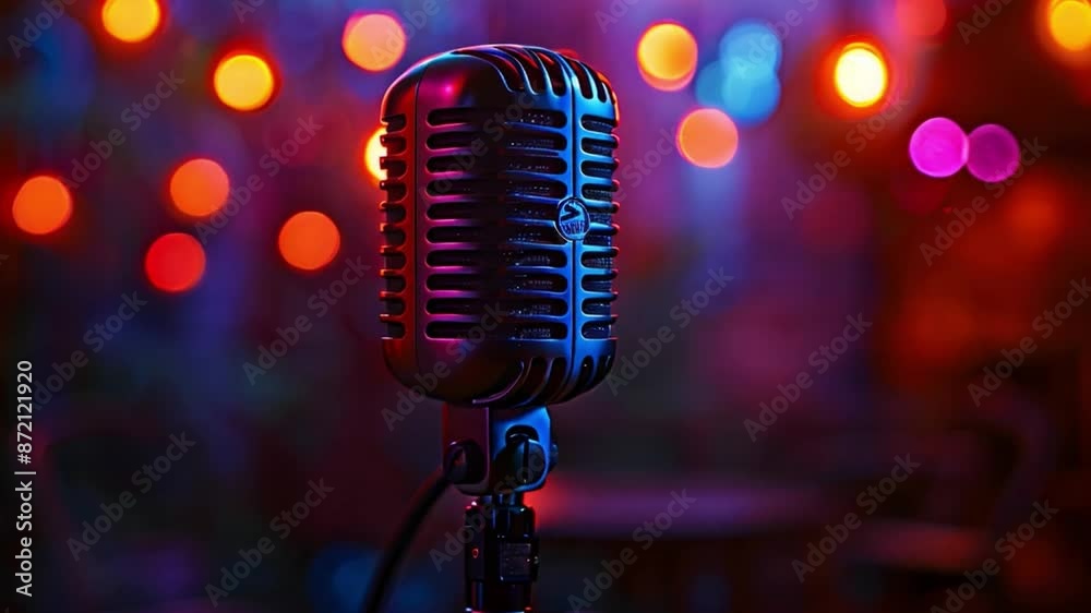 Poster this vintage microphone stands on a stage with colorful lights in the background.