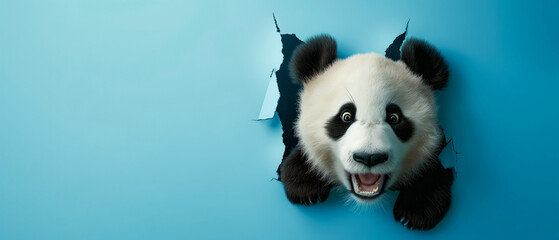  Excited panda breaking through blue wall. Copy space. Generative AI	