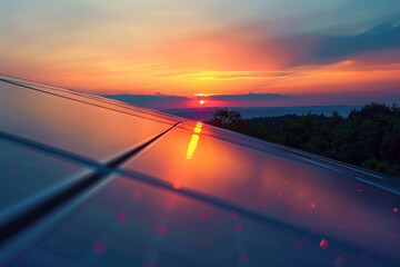 Obraz premium A sunset is reflected in the glass of a solar panel