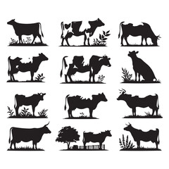 Set of cow silhouettes isolated on a white background, Vector illustration.