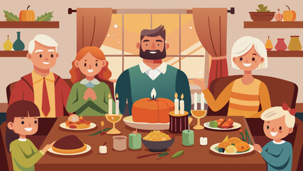 Family Gathering Around Thanksgiving Dinner Table