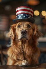 Patriotic happy American pet dog animals wearing red white and blue Uncle Sam flag hat for July 4th, fourth, 4, USA election vote, Memorial, Independence, Labor and Presidents Day